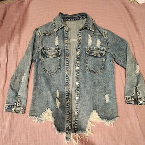 SHEIN Distressed Denim Jacket - Blue